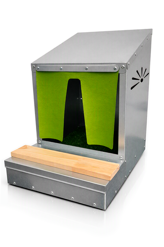 Galvanized steel nesting box for hens with green curtain and wooden perch.