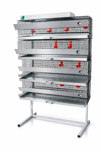 Four‑level mini farm for quails with brooder, PK‑4 cage for males or young quails, two PK‑1 quail cages and a mobile black‑metal rack with wheels